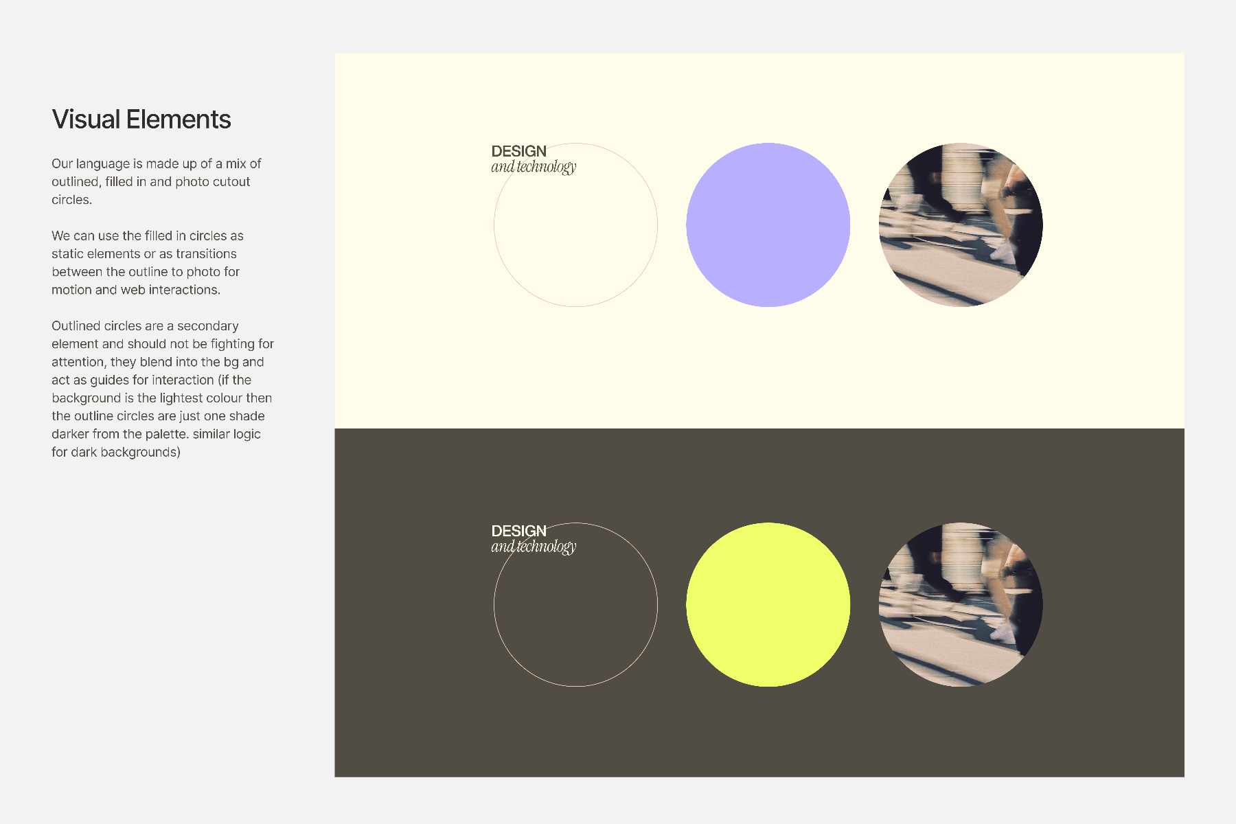 Visual elements — outlined, filled, photo-cutout circles