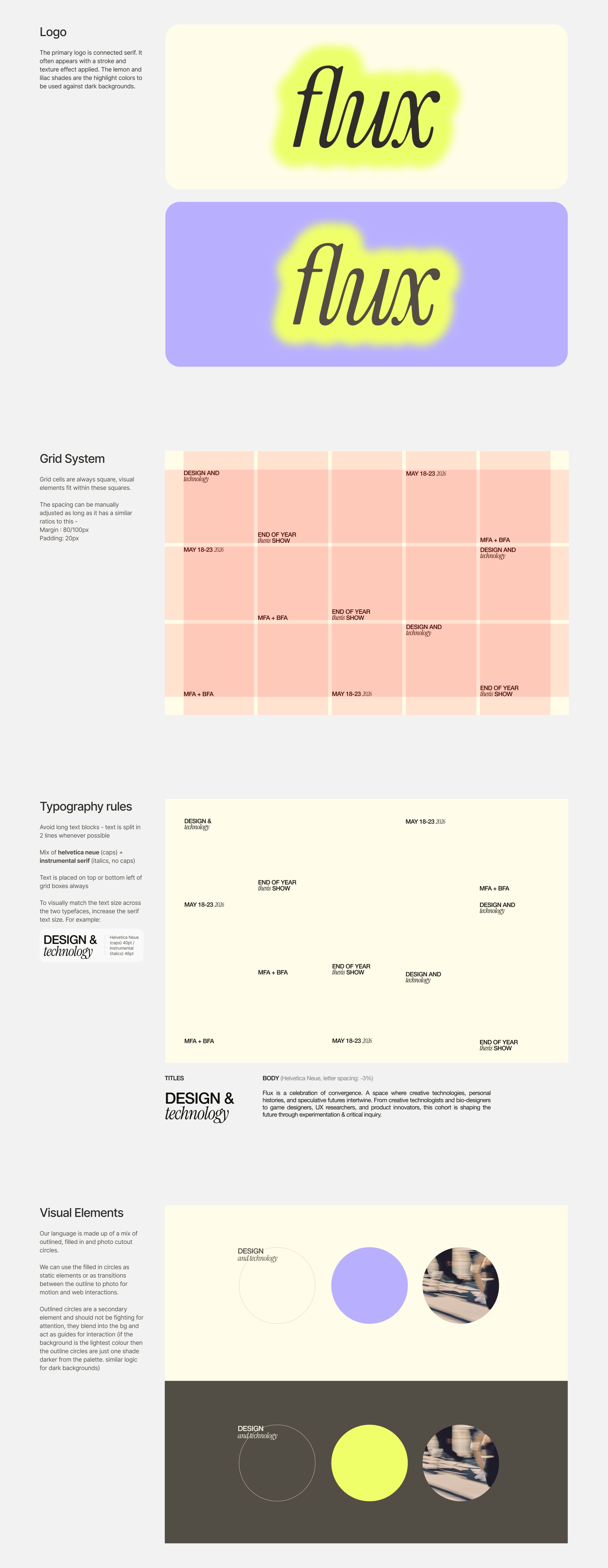 Flux visual system showing the logo, grid, typography rules, and circle elements