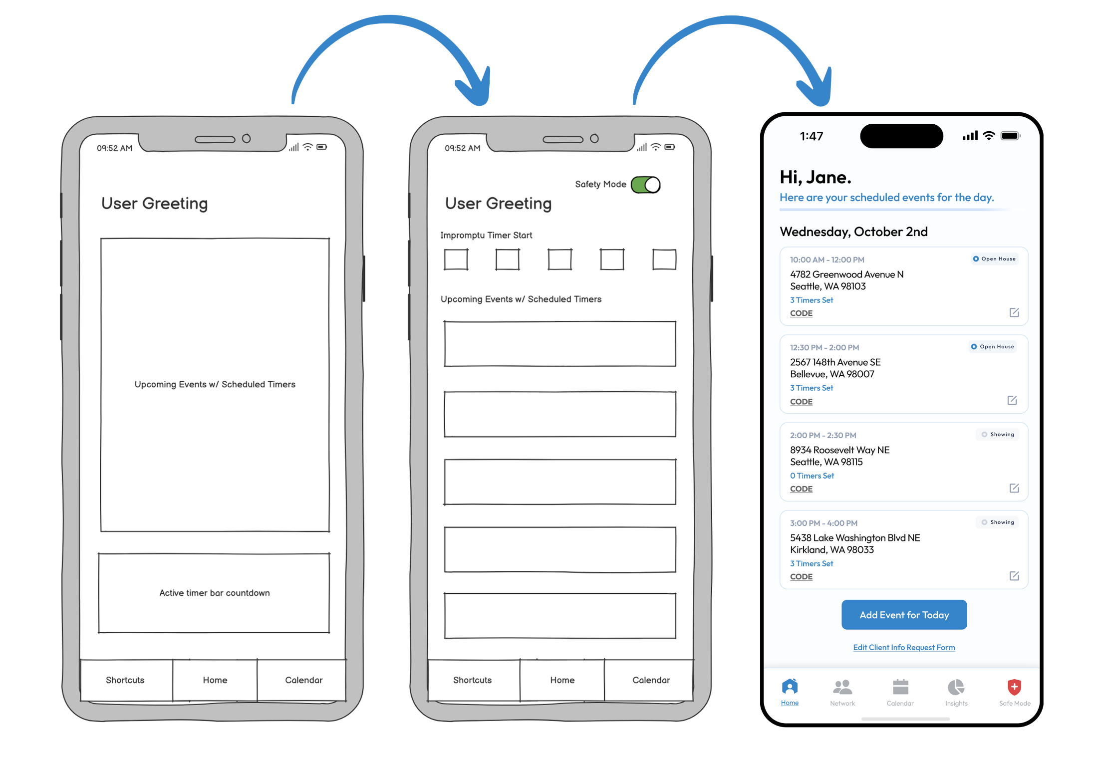 Home page iteration — from the User Greeting wireframe, to a wireframe with Safety Mode toggle and impromptu timers, to the final Hi, Jane daily-schedule home screen