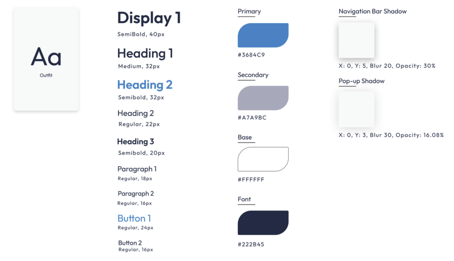 Arc style guide — the Outfit typeface scale from Display 1 to Button 2, the Primary, Secondary, Base, and Font color swatches, and navigation-bar and pop-up shadow specs