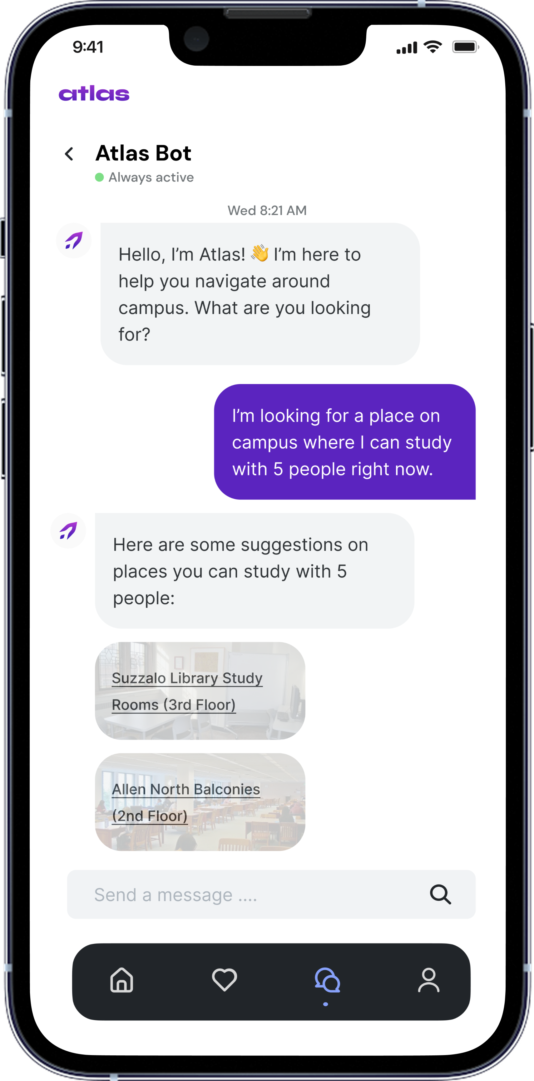 The Atlas Bot chat — a student asks for a place to study with 5 people and the bot suggests Suzzalo Library study rooms and Allen North balconies