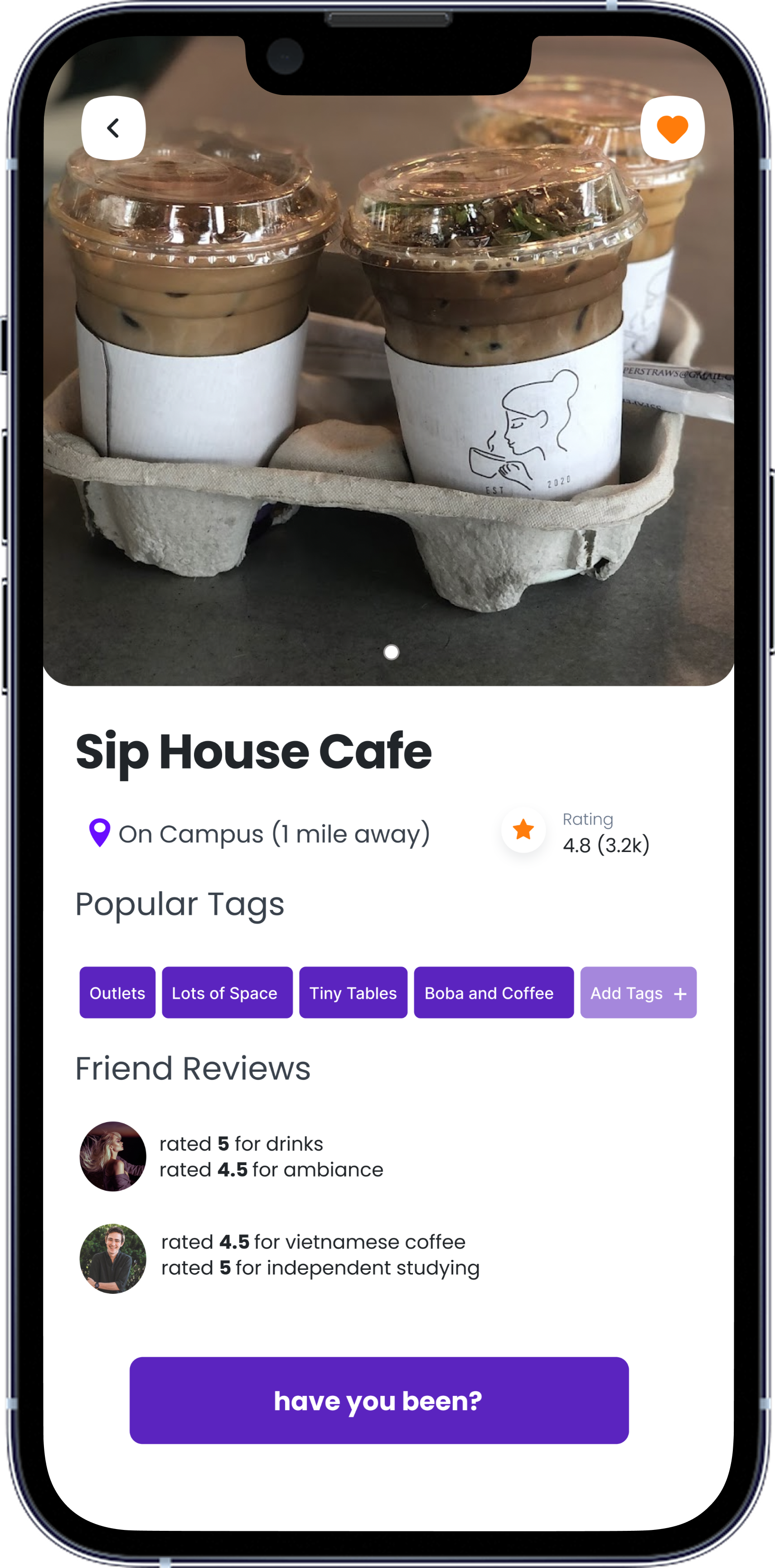 Sip House Cafe detail page — popular tags and friend reviews with a 'have you been?' button