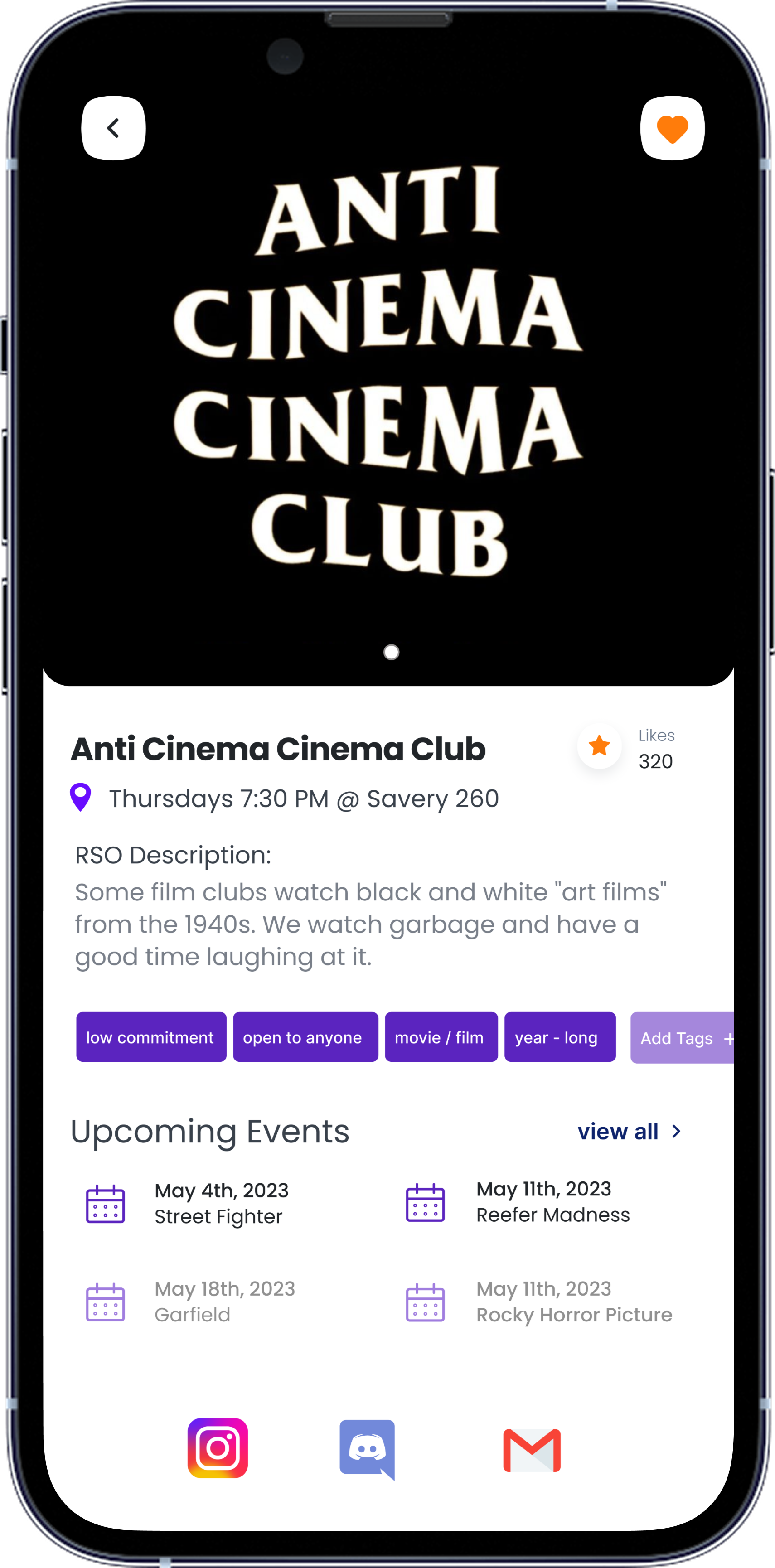 Anti Cinema Cinema Club detail page — meeting time, RSO description, tags, and upcoming events