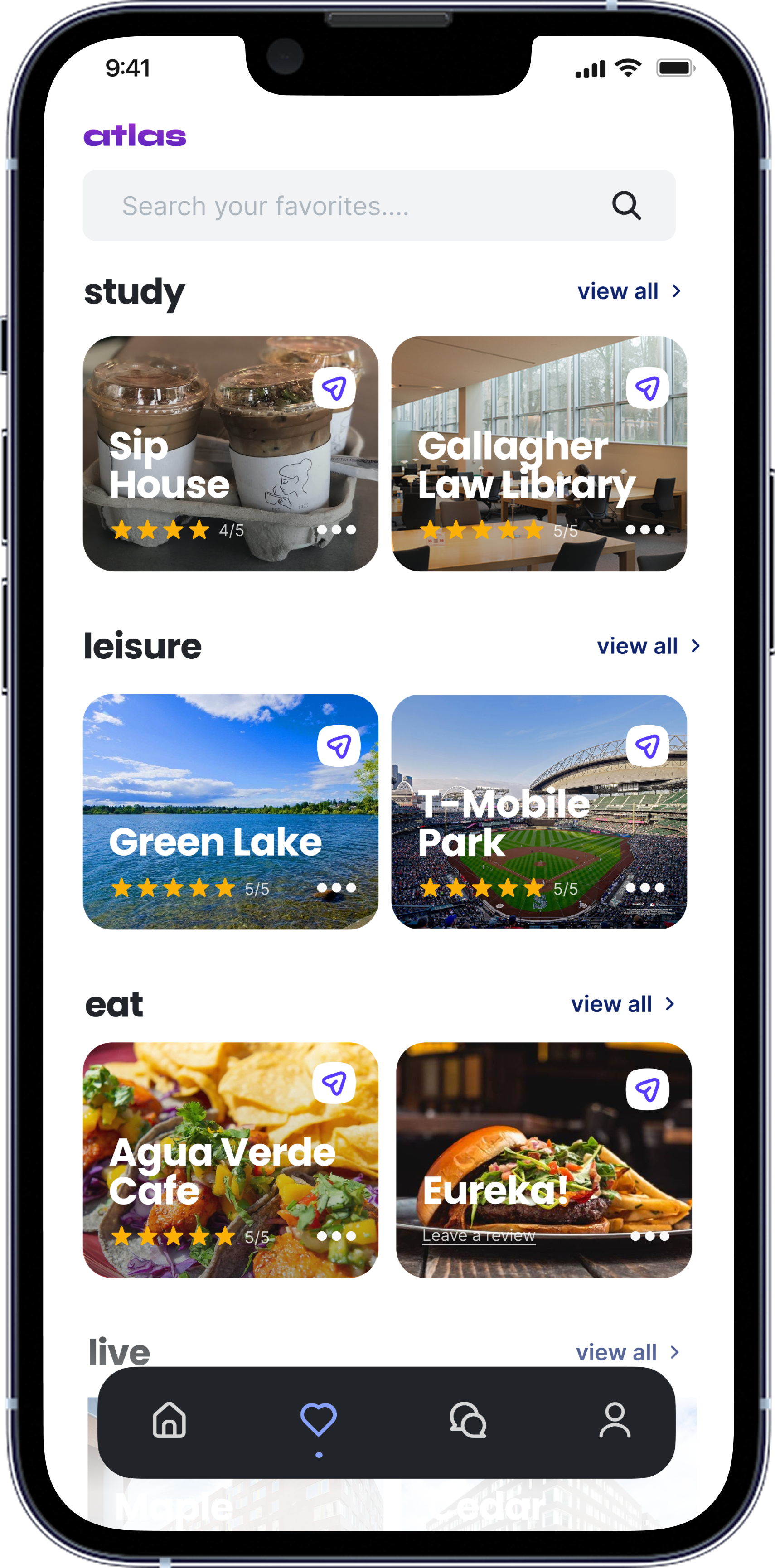 Atlas favorites tab — saved places organized by study, leisure, and eat