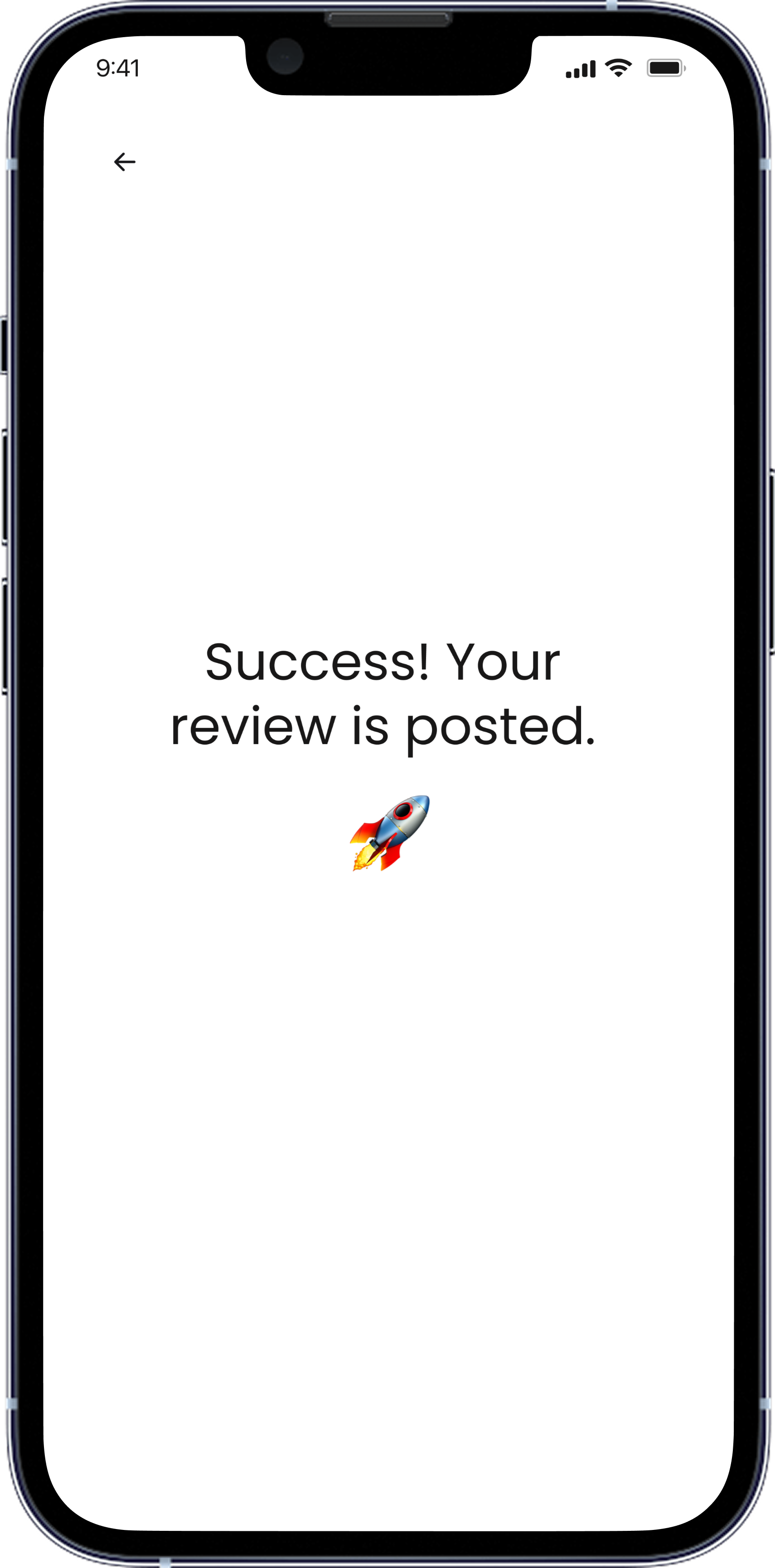 Success screen — 'Your review is posted' with a rocket emoji