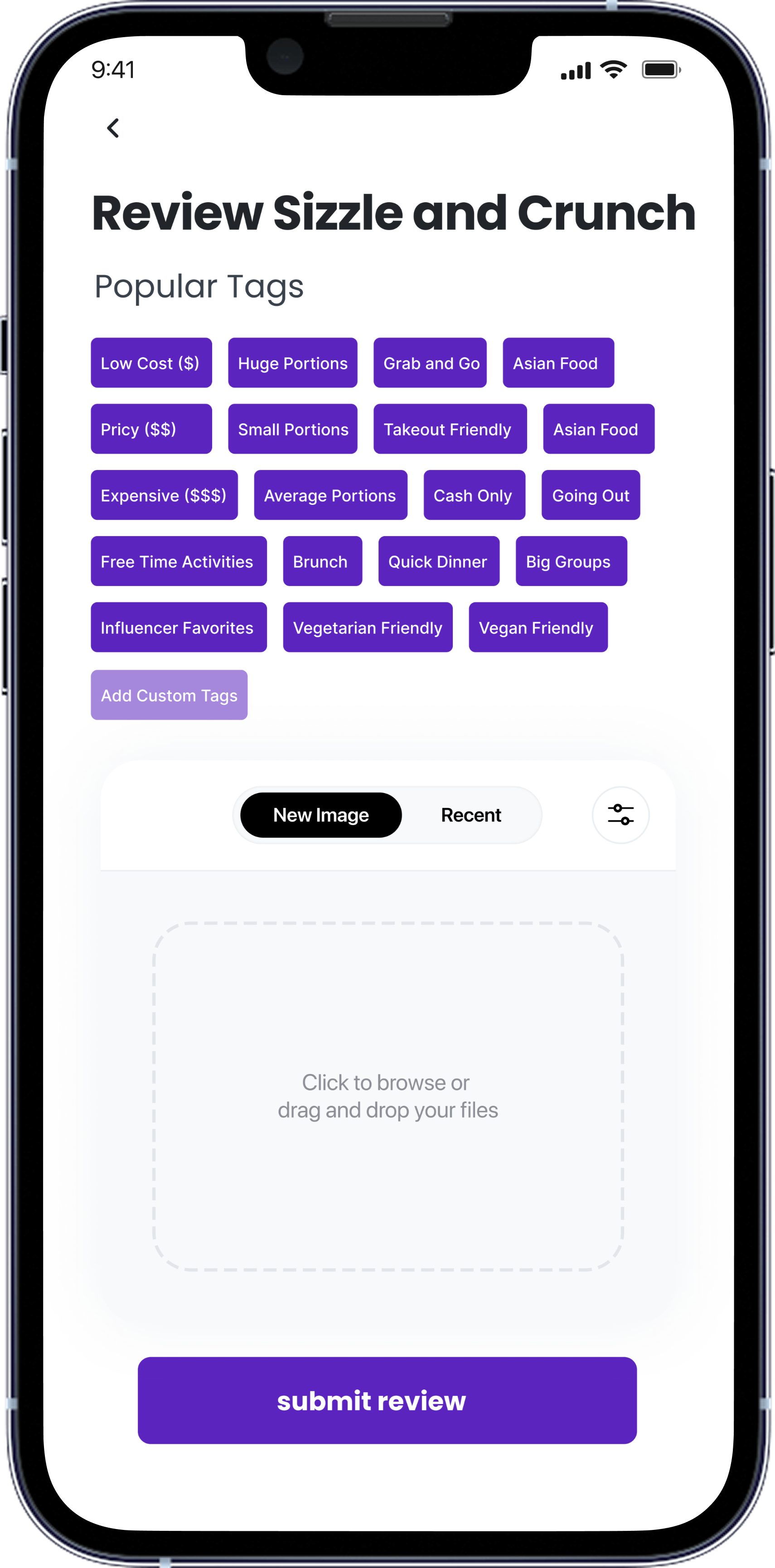Review screen — selectable popular tags and an image upload area, with a submit review button