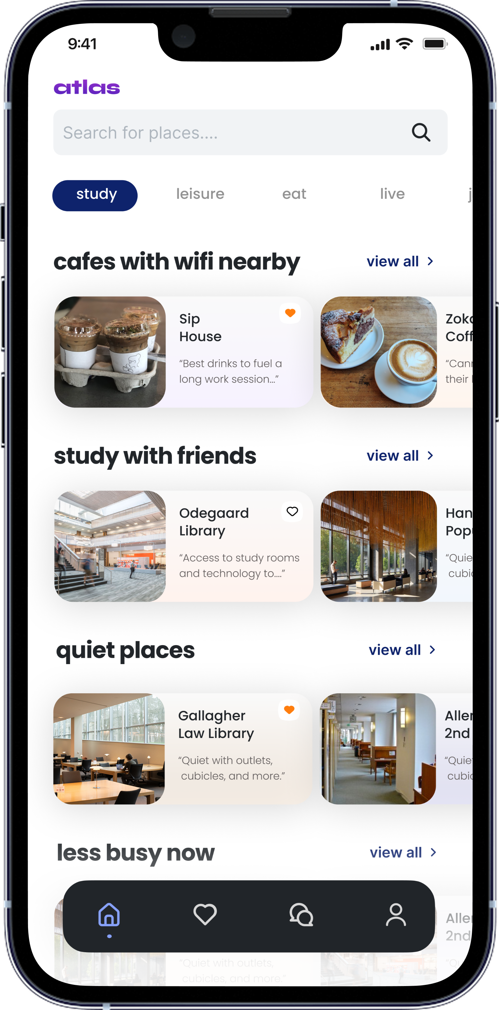Atlas study tab — cafes with wifi nearby, study with friends, quiet places