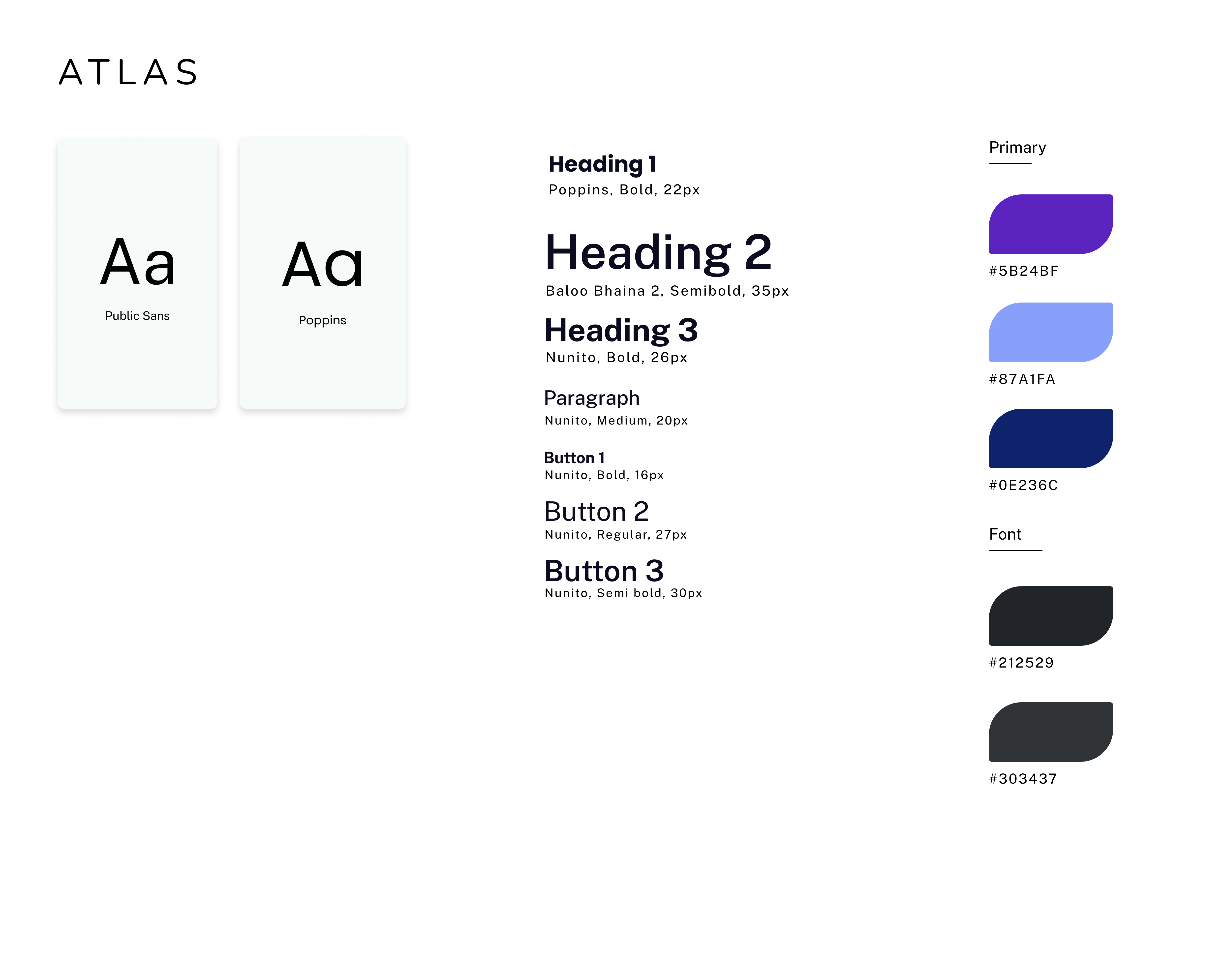 The Atlas style guide — ATLAS wordmark, Public Sans and Poppins type specimens, the type scale (Poppins, Baloo Bhaina 2, Nunito), and the primary purple, periwinkle, navy, and dark neutrals palette