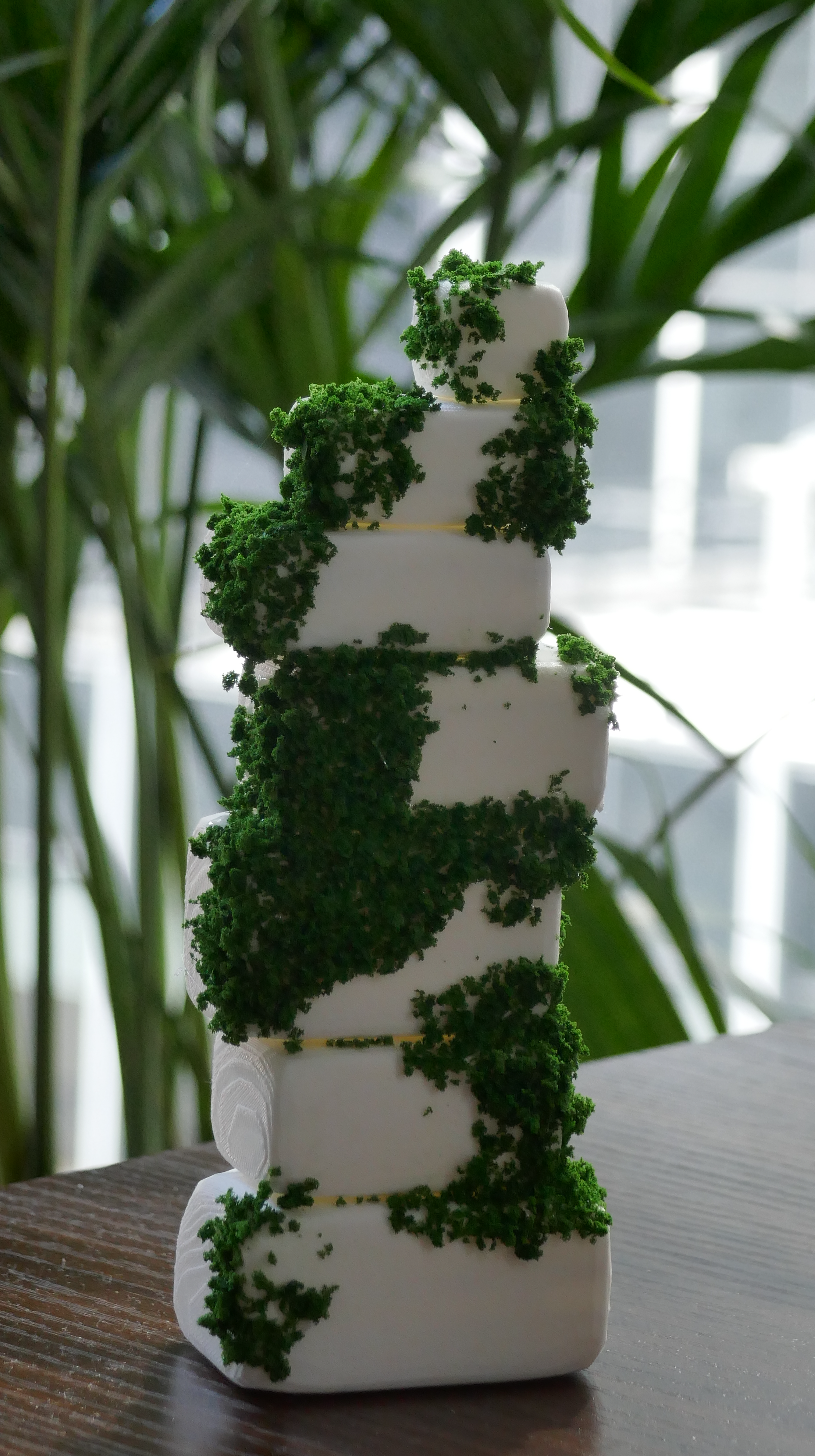 Cairn object — OFF state, white stacked blocks with preserved moss, sensing paused, no glow between stones