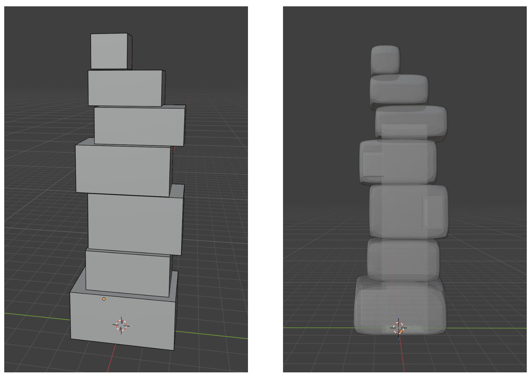 Two Blender viewport screenshots side by side: left shows sharp rectangular block stack, right shows the same stack after subdivision modifier applied — edges become soft and stone-like