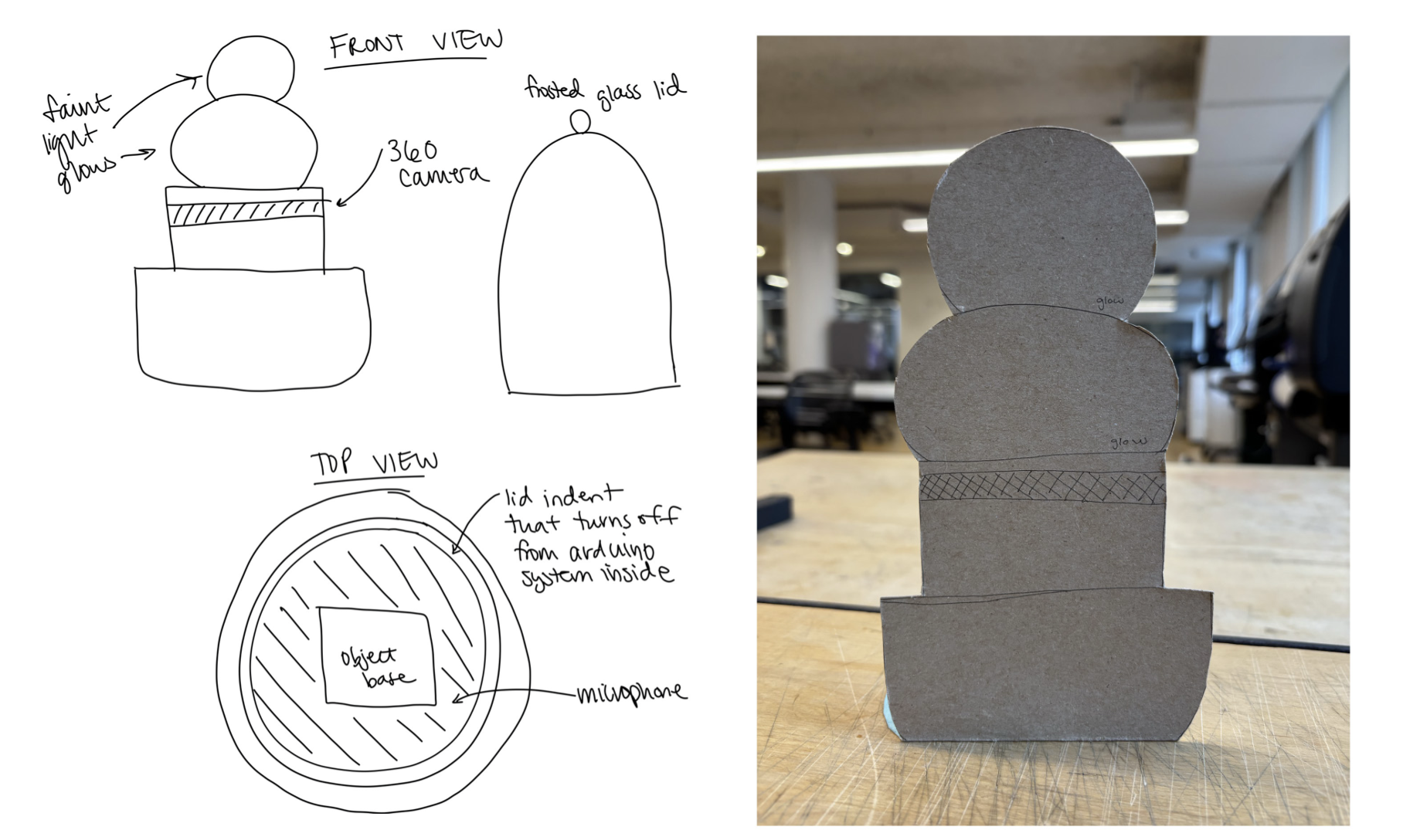 Left: sketches of organic lamp form with frosted glass lid and 360 camera. Right: cardboard mockup of stacked rounded forms.