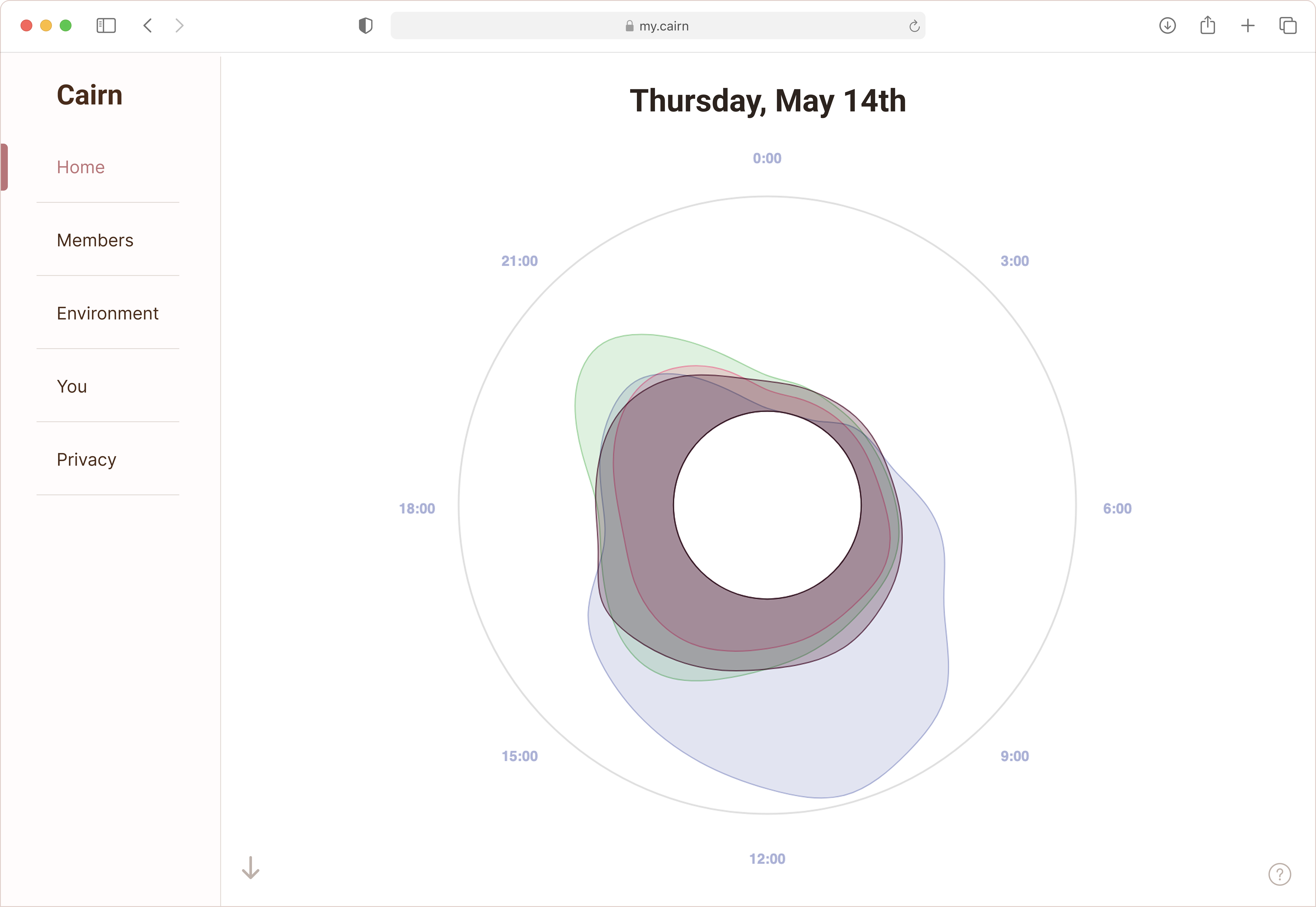 Cairn app — aggregate home view showing the household's shared emotional climate as a radial signature