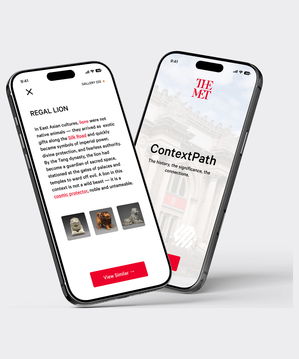 ContextPath shown on two iPhones — a Met-branded landing screen and a Regal Lion artifact detail page