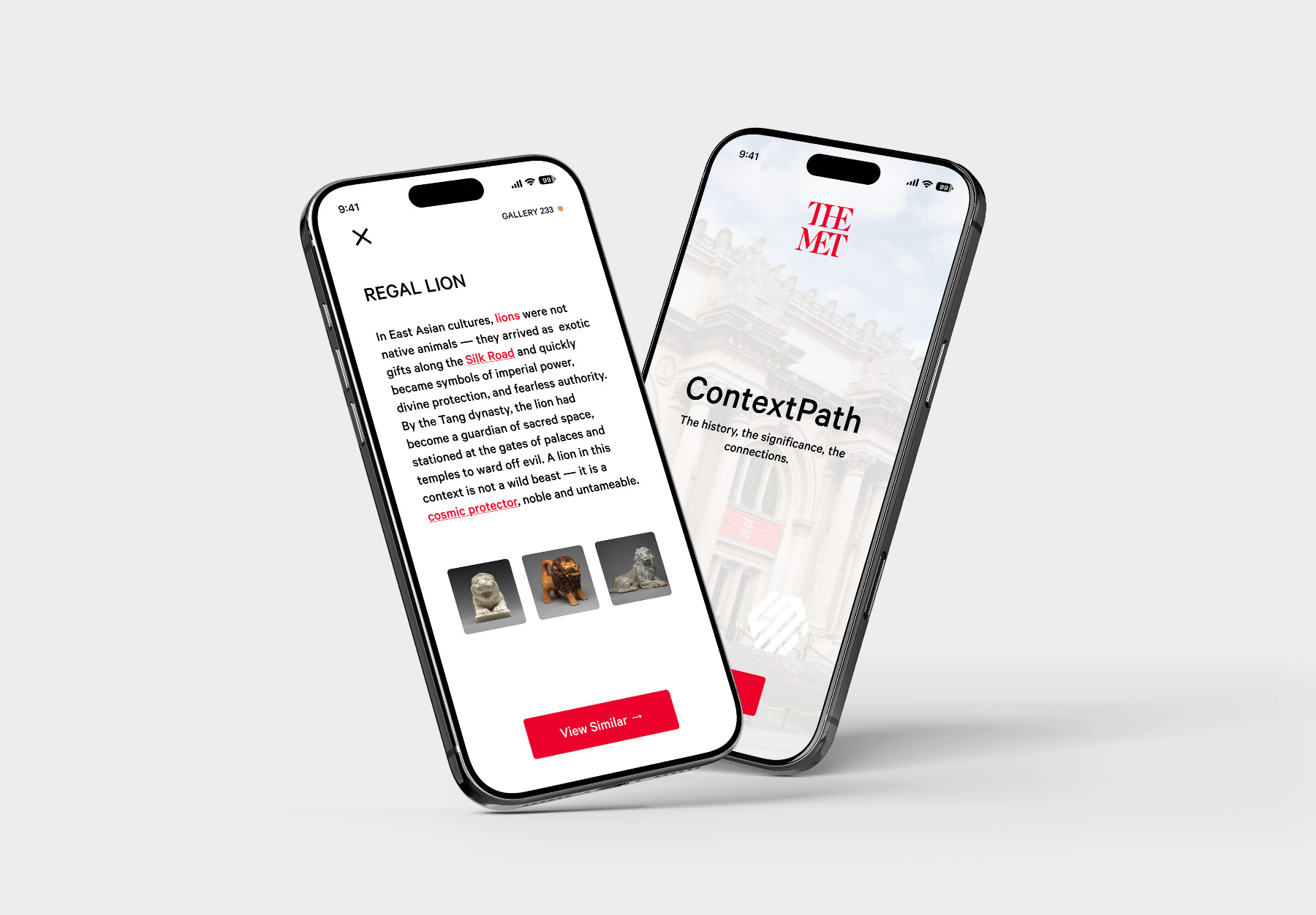 ContextPath shown on two iPhones — a Met-branded landing screen and a Regal Lion artifact detail page