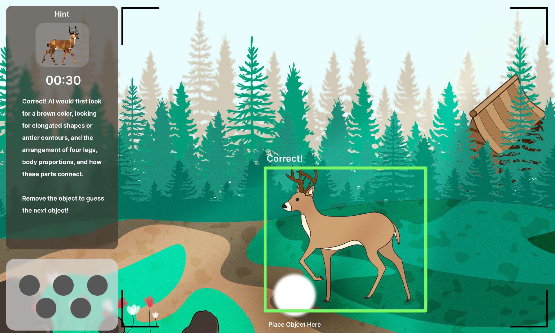 The correct-guess state — the deer is highlighted with a green box labeled Correct, while the hint panel explains how AI would reason about color, elongated shapes, antler contours, and leg arrangement