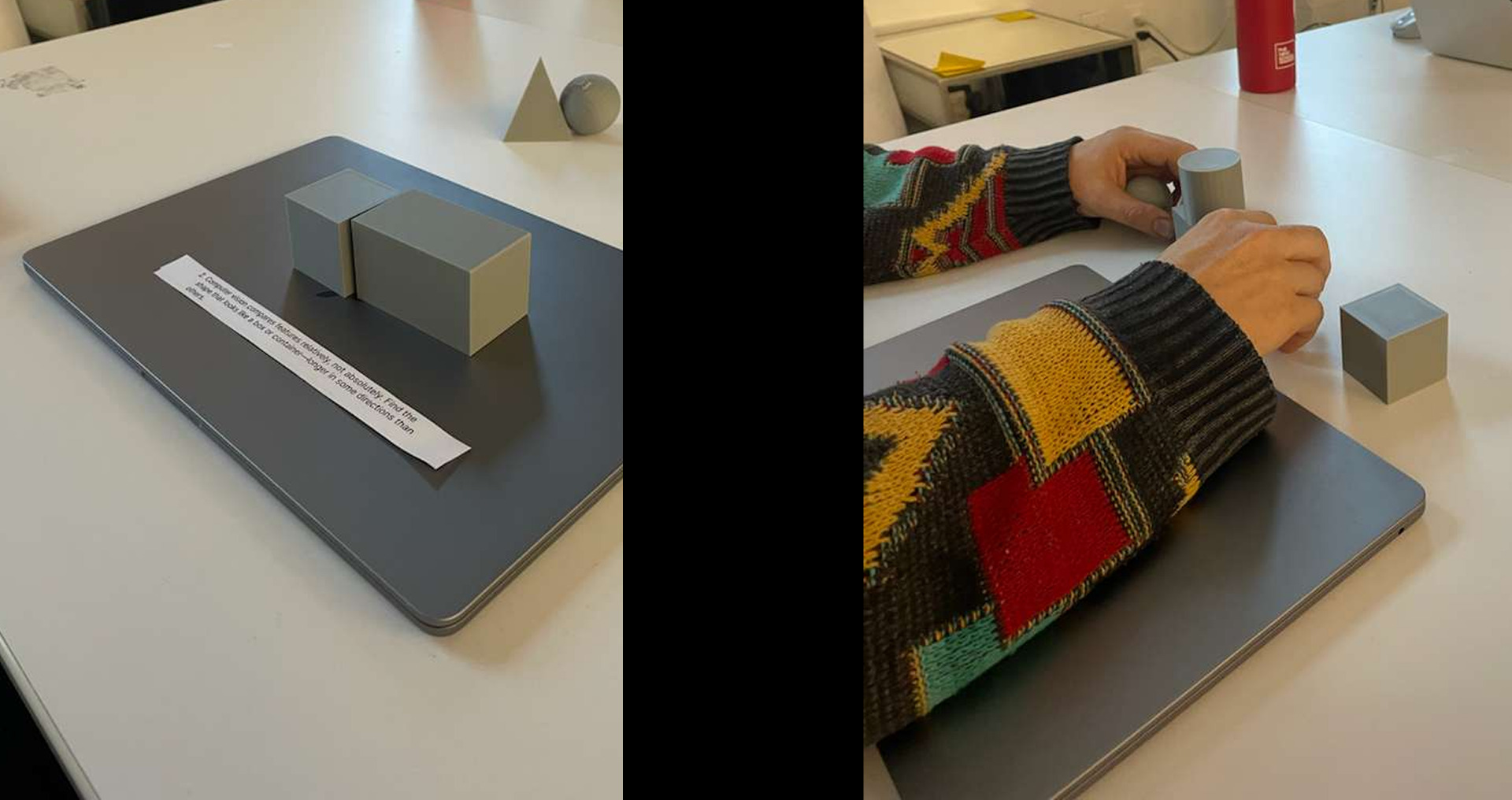 Two playtesting photos — simple 3D shapes (cube, sphere, cylinder, pyramid) on a laptop standing in for the scan surface, and a participant placing a shape to make a guess