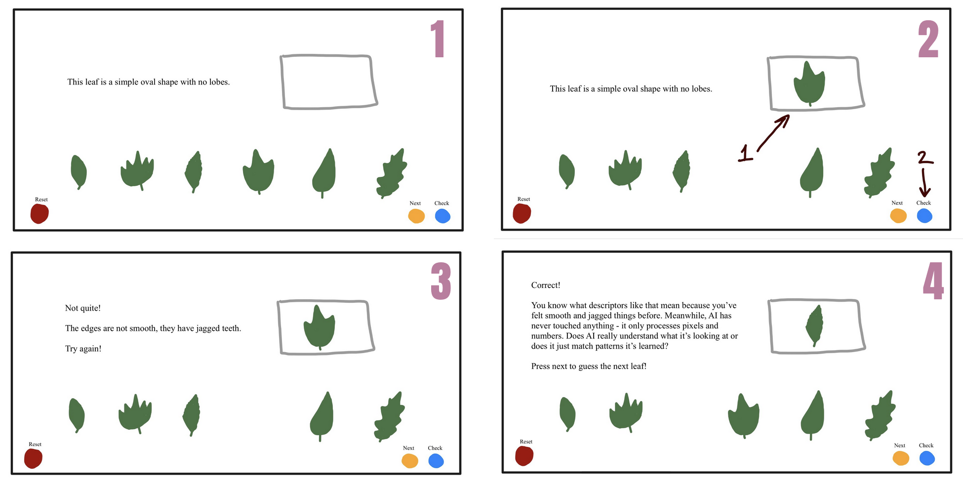 Four-panel storyboard of the leaf concept — a prompt describes a leaf, the visitor places one in the scan box, a wrong guess returns a more specific clue, and a correct guess connects the moment to how AI sees