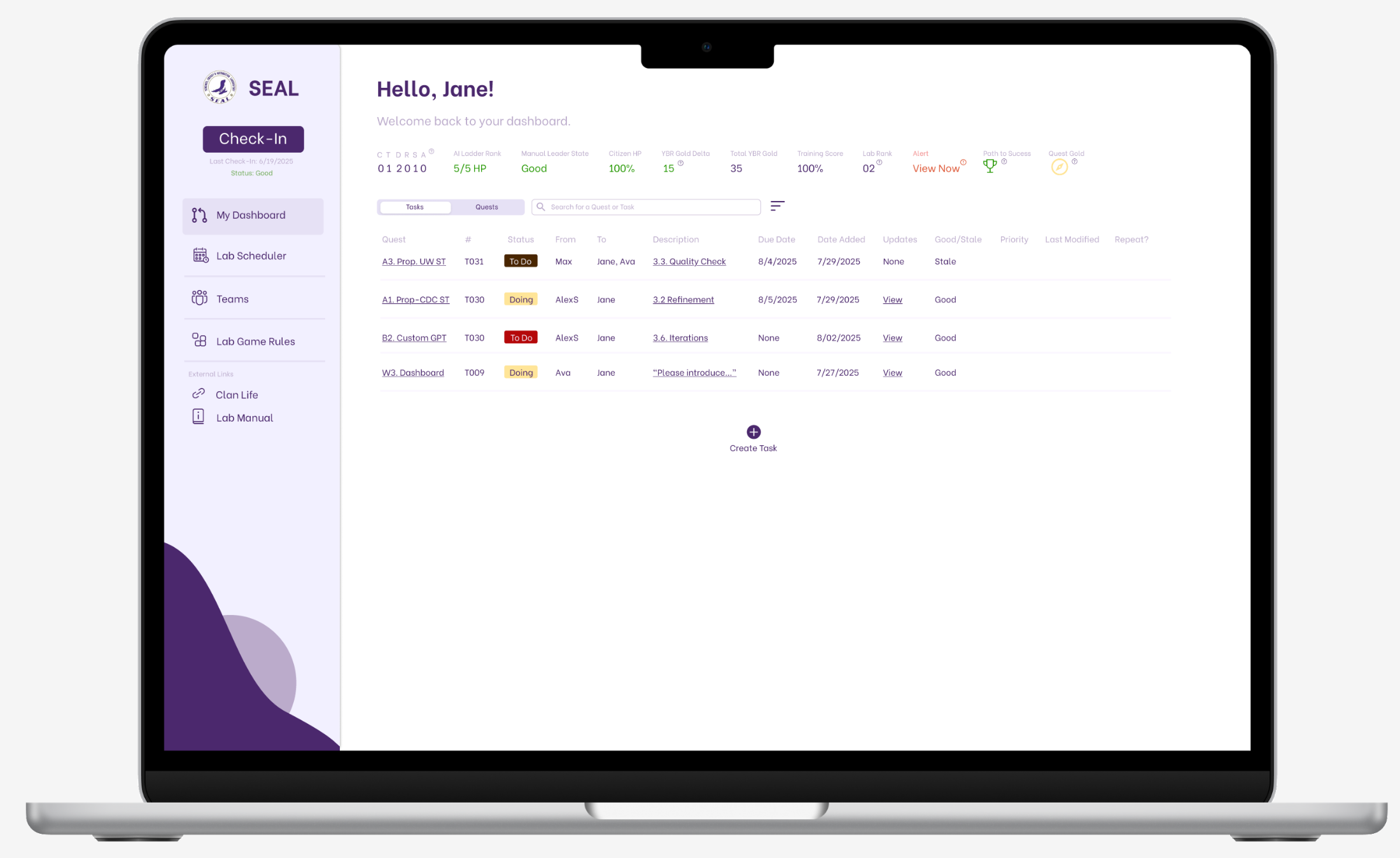 The redesigned SEAL lab dashboard, shown on a laptop