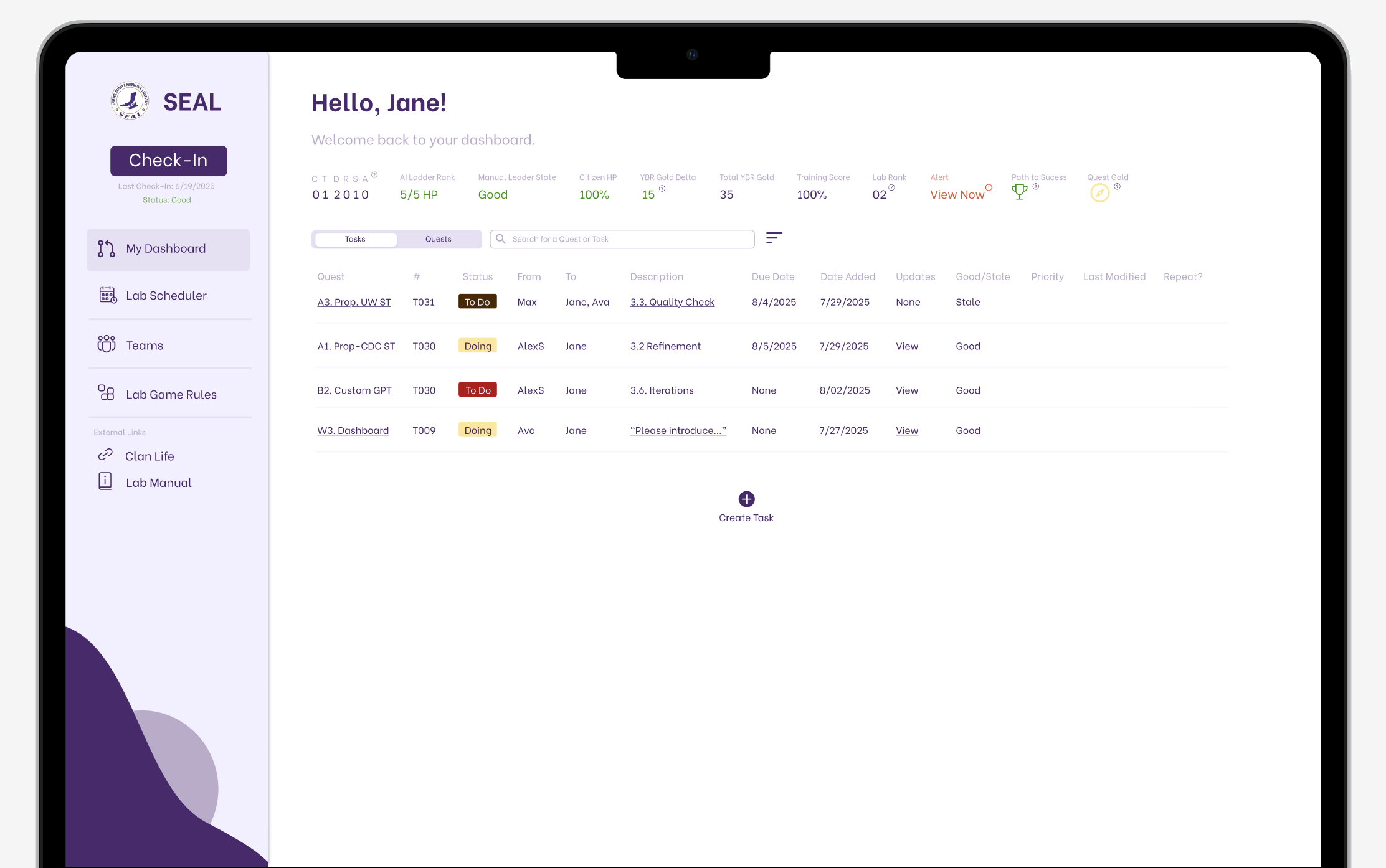 The redesigned SEAL dashboard — consolidated main view