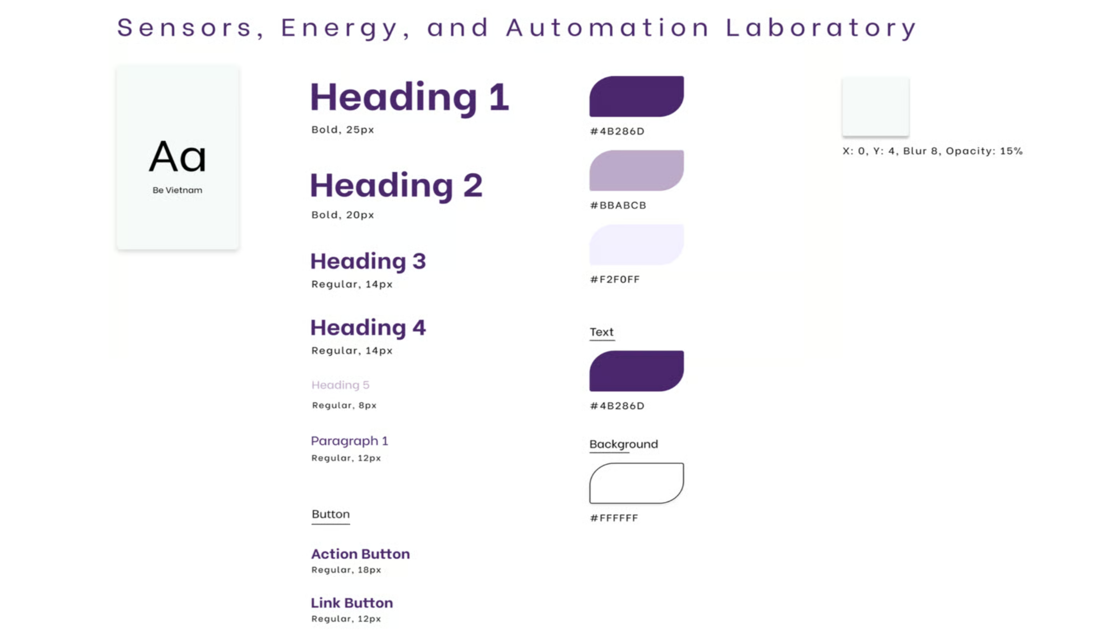 SEAL style guide: Be Vietnam typography scale (Heading 1–5, paragraph, button styles) and a UW-purple color palette with #4B286D, #BBABCB, #F2F0FF, shadow and background tokens