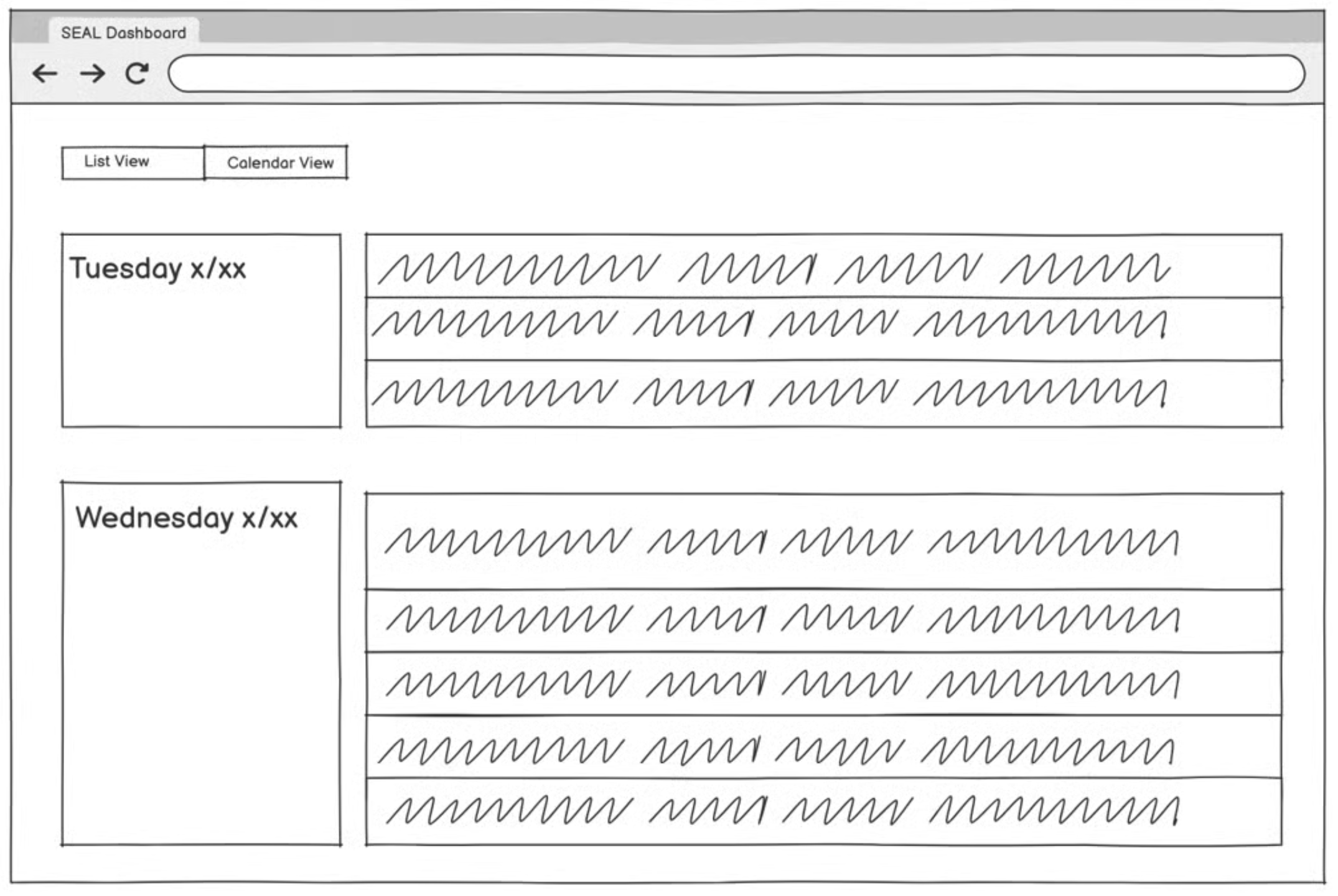 Wireframe — list and calendar views of the dashboard