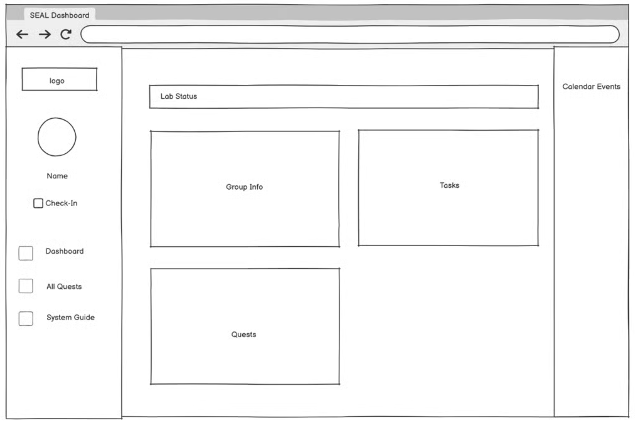 Wireframe — dashboard with side navigation and calendar events