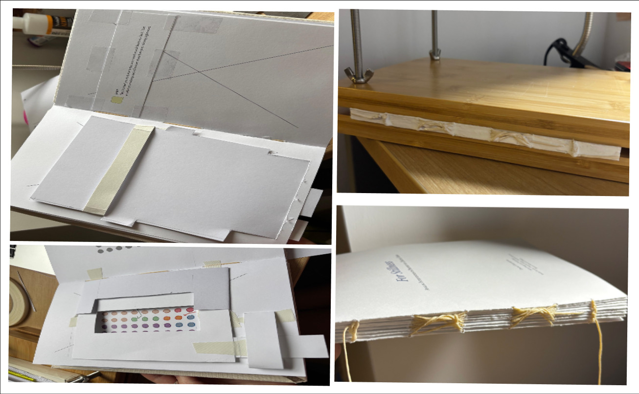 Four photos of the binding process — taped pop-up mechanisms, the sewn signatures, and the book clamped in a wooden press