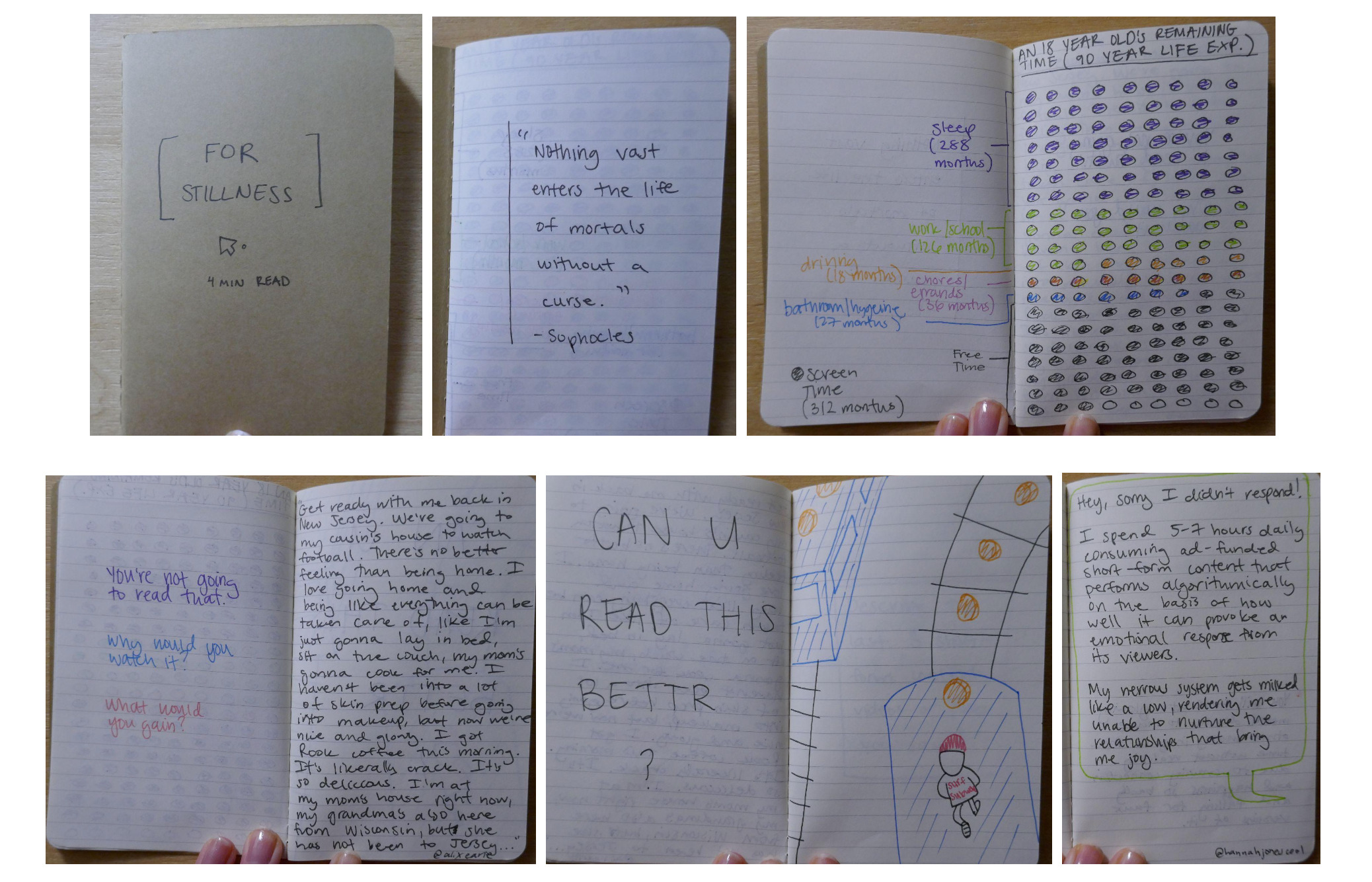 Prototype 1 — a small hand-drawn, hand-written booklet with direct questions and a remaining-life-time visualization