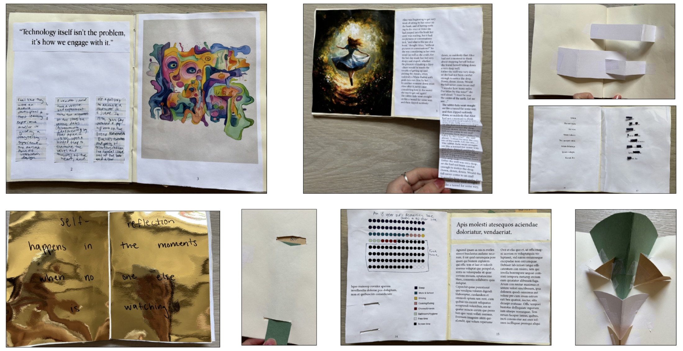 Prototype 2 — the first hand-bound book with InDesign prints glued in, including a Midjourney illustration and gold reflective spread