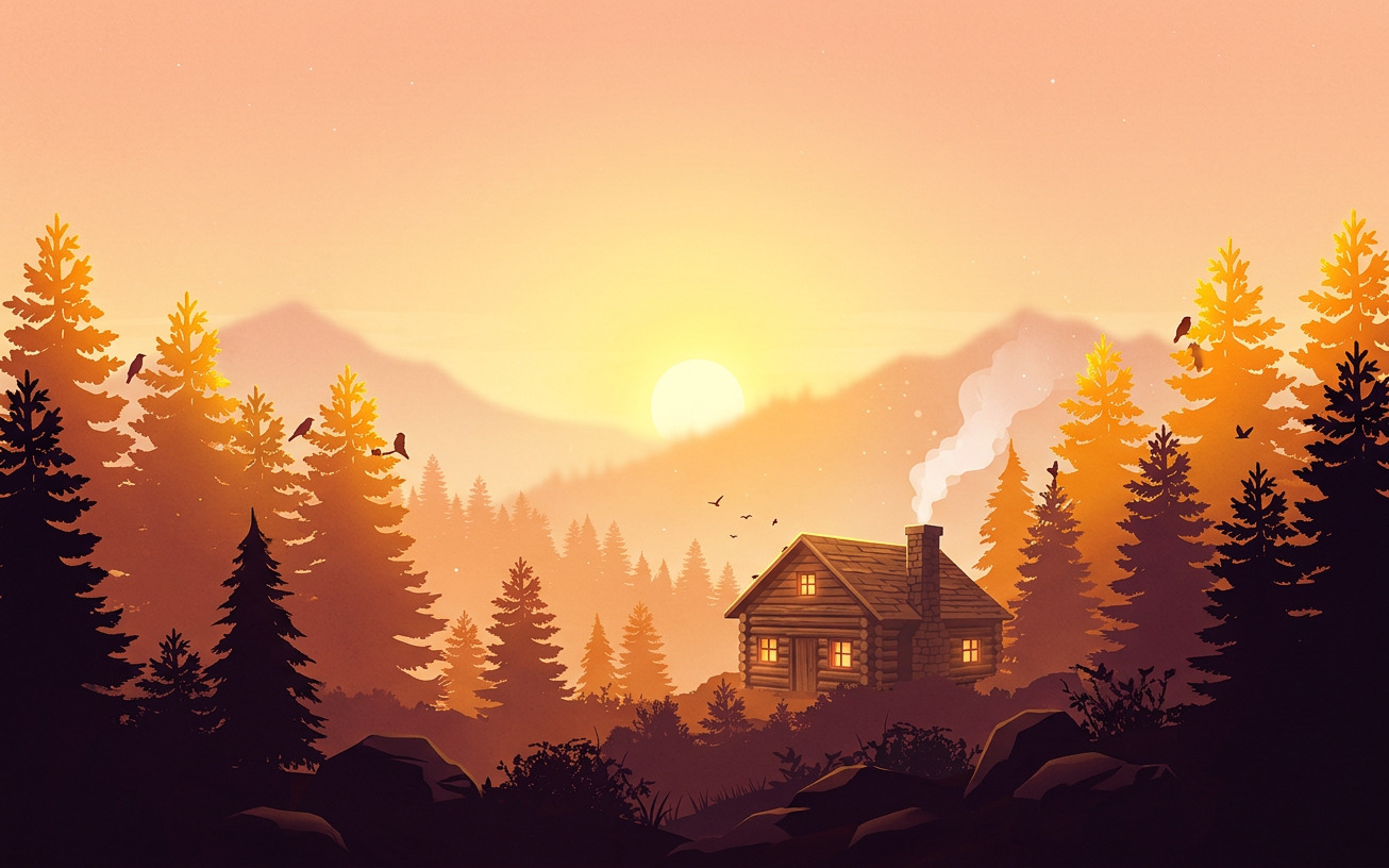 A warm illustrated cabin in an evergreen forest at sunset — the opening frame of the Watch Out film