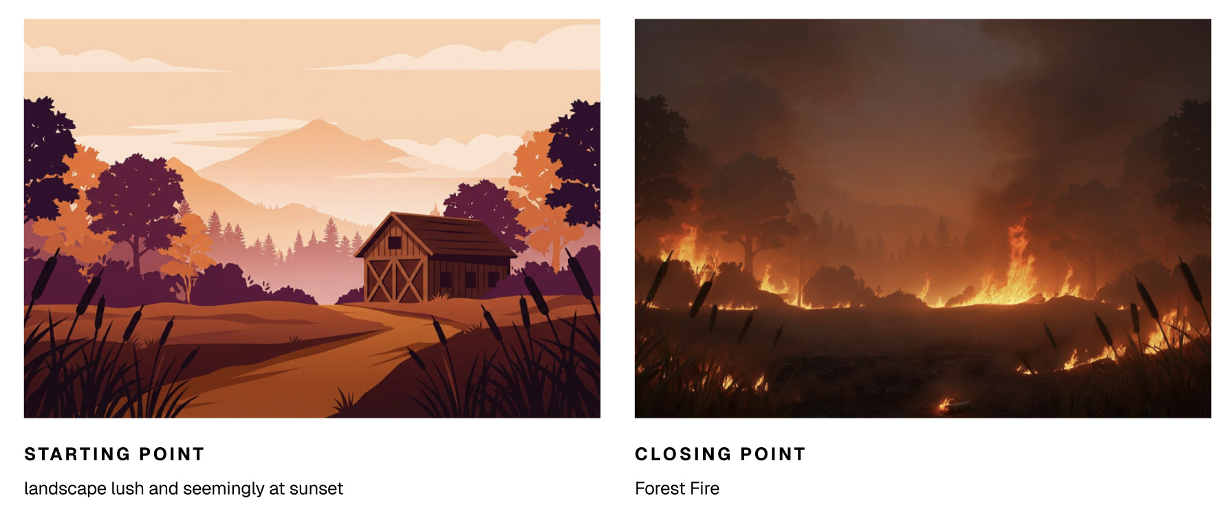 Two frames side by side — a lush illustrated landscape at sunset labeled Starting Point, and a forest fire labeled Closing Point