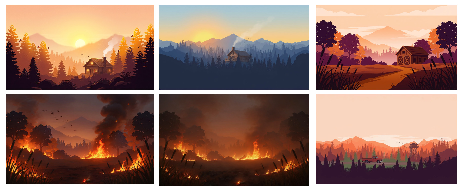 A grid of six generated landscapes — calm forests at sunset and the same scenes consumed by fire