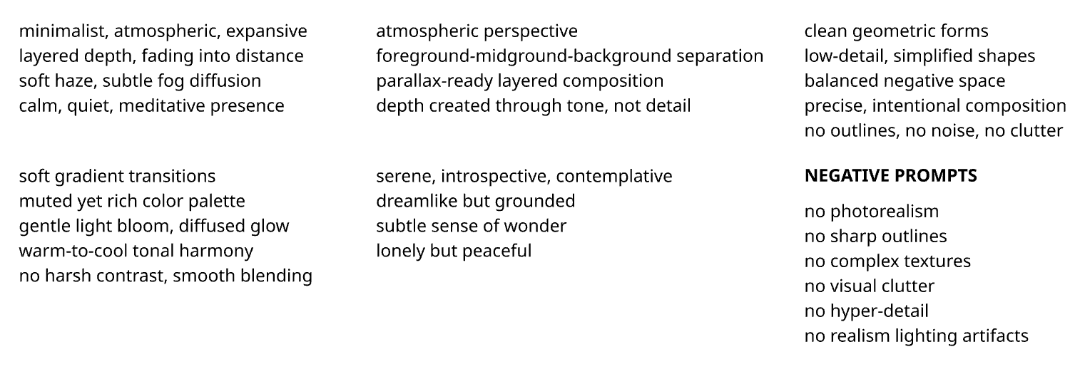 Columns of descriptive prompt vocabulary — minimalist, atmospheric, expansive; soft gradient transitions; serene, introspective; clean geometric forms; and a list of negative prompts