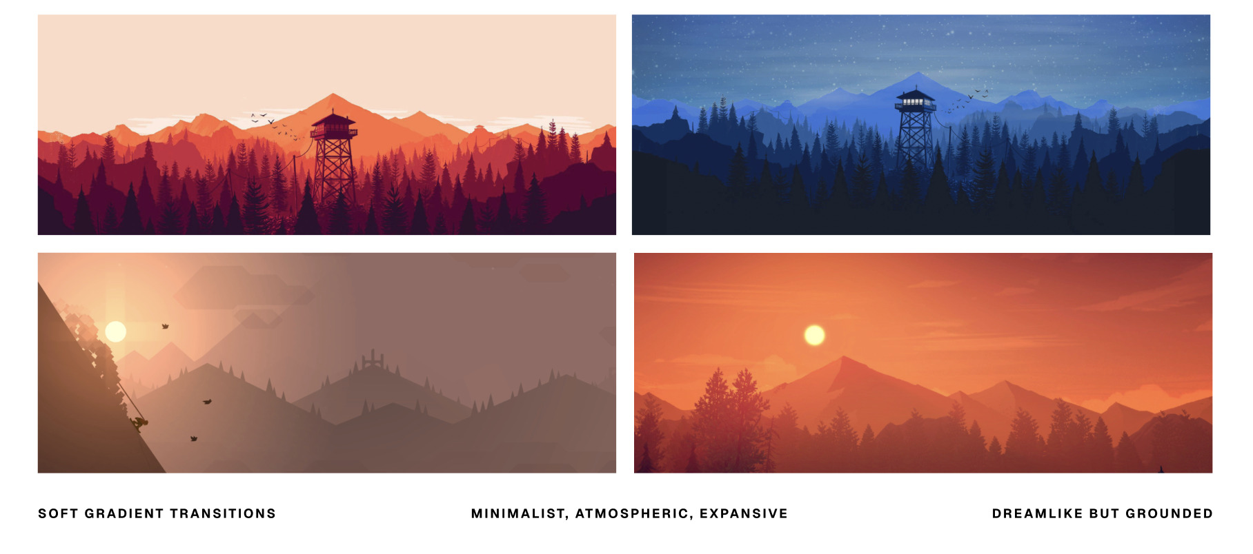 Firewatch-style reference frames in warm and cool palettes, annotated: soft gradient transitions, minimalist atmospheric expansive, dreamlike but grounded