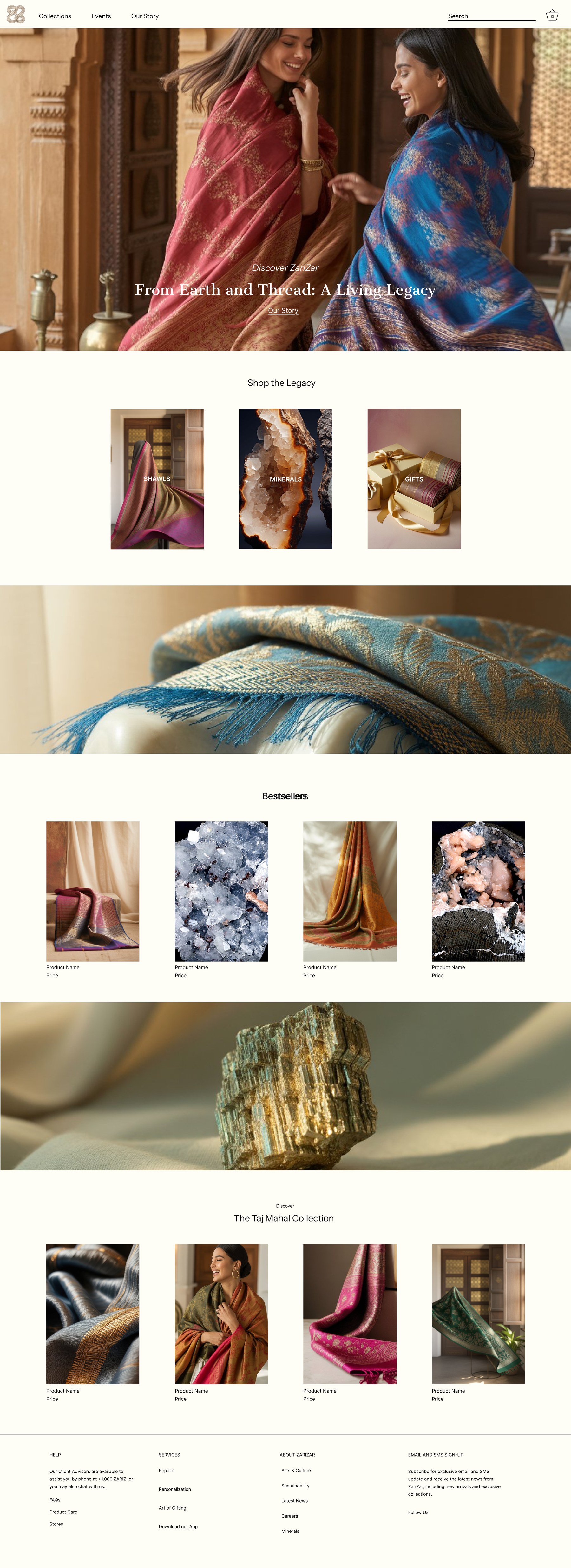 ZariZar landing page design with shawl collections, craftsmanship imagery, and artisan storytelling