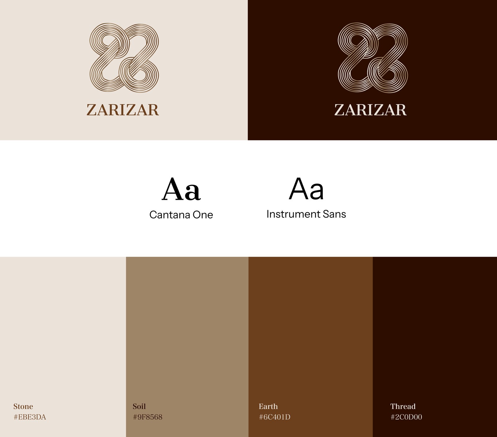 ZariZar brand guide with light and dark logos, Cantana One and Instrument Sans, and four warm neutral colors
